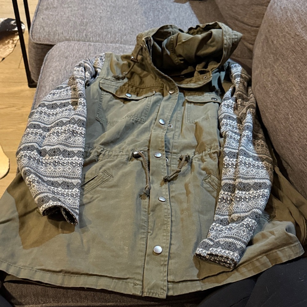 Olive Green Utility Jacket with Patterned Knit Sleeves